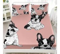 Drap Housse 140x190x30cm en Microfibre Douce, Rose Draps-Housses Poche Profonde 30cm, Bouledogue FrançAis de Dessin Animé Parure de Lit 1 Personne Respirant pour Enfants, Adolescents