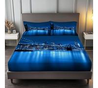 Drap Housse 140x200 cm New York 3D Pont du Golden Gate Drap-Housse 140x200 cm - pour lit de 140 x 200 - Hauteur du Matelas à 30 cm, Housse de Matelas 2 Personnes avec 2 Taie d'oreiller S82