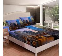 Drap Housse 140x200 cm New York, 3D Vue sur La Ville Drap-Housse en Microfibre, Drap Plat 2 Personnes, Drap Housse avec 2 Taie d'oreillers pour Matelas Épais ZL2500