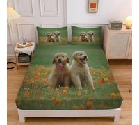 Drap Housse 140x200 Golden Retriever Housse Matelas Mer de Fleurs, Drap Housse Doux et Durable Lavable Drap-Housse pour Matelas de 30 cm et 2 Taies D'Oreillers sd3469