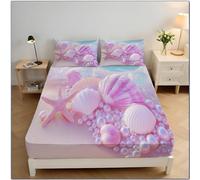 Drap Housse 140X200Cm Coquillage Perle Rose, Plage De Rêve Drap-Housse Entretien Facile, 2 Personnes, Drap Housse Enfant Adulte avec 2 Taies D'Oreillers pour Matelas Épais
