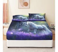 Drap Housse 160 × 200 cm - Rêve Animaux Licornes Fées imprimé - pour Matelas Épais jusqu'à 30 cm avec 2 taies d'oreiller - Noir Microfibre Drap Housse - Antidérapant et Infroissable