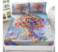 Drap Housse 160 x 200 Arbre De Vie Drap-Housse Macaron Draps Housse Microfibre avec Grand Bonnet de 30 cm, et 2 Taies d'oreillers, Lot Draps Housse, pour Matelas éPais