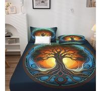 Drap Housse 160 x 200 Arbre de Vie, Housse de Matelas 160x200 Mythologie Motifs, Draps Housses Microfibre Bonnet 35 cm pour Matelas Epais avec 2 Taies D'Oreillers 50x75cm H-&6-171