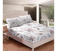 Drap Housse 160 x 200 Attrape-RêVes Drap-Housse Plume Drap Plat pour Lit avec Grand Bonnet de 30 cm Draps Housse Microfibre et 2 Taies d'oreillers, pour Matelas éPais