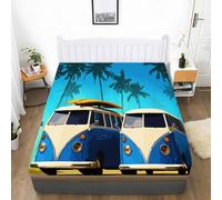 Drap Housse 160 x 200 cm avec Bonnet 30 cm, Bus Vintage Planche de Surf Palmiers Drap Housse Enfant, Drap Housse Matelas Epais Illustrations de Dessins Animés, Microfibre avec Une Rebord Élastique