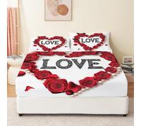 Drap Housse 160 x 200 cm Élastique Tout Confort pour Literie en Tissu Microfibre Décoratif avec Grand Bonnet de 30 cm Drap-Housse Rouge Blanc Doux à Motif Saint Valentin Roses Et Coeurs d'amour