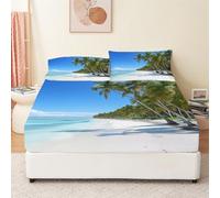 Drap-Housse 160 x 200 cm en Microfibre Douce, pour Enfants garçons à Motif de Palmiers sur Une Plage ensoleillée, Drap-Housse Bleu Vert Convient aux Matelas ayant jusqu'à 30 cm d'épaisseur