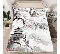 Drap Housse 160 x 200 cm Japon 3D Drap-Housse 160 x 200 cm Architecture Orientale - Housse de Matelas Grande Bonnet 30 cm, Lit 2 Personnes - Inclus 2 Taies d'oreiller T699