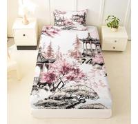 Drap Housse 160 x 200 cm Japon 3D Drap-Housse 160 x 200 cm Architecture Orientale - Housse de Matelas Grande Bonnet 30 cm, Lit 2 Personnes - Inclus 2 Taies d'oreiller T342