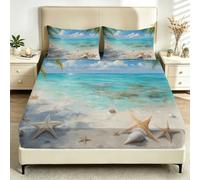 Drap Housse 160 x 200 cm Microfibre Plage Étoile de Mer et Coquillages | Bonnet 30 cm avec Élastique Tout Autour, Microfibre Douce Respirante, Infroissable et Lavable en Machine Décoration Mer