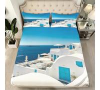 Drap Housse 160 x 200 cm Santorin, Grèce 3D Drap-Housse 160 x 200 cm Paysage Insulaire - Housse de Matelas Grande Bonnet 30 cm, Lit 2 Personnes - Inclus 2 Taies d'oreiller U1560