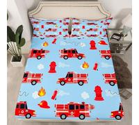 Drap Housse 160 x 200 cm Voiture 3D Camion de Pompiers Rouge Drap-Housse 160 x 200 cm - pour lit de 160x200 - Hauteur du Matelas à 30 cm, Housse de Matelas 2 Personnes avec 2 Taie d'oreiller S1728
