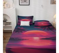 Drap Housse 160 x 200 Coucher de Soleil - Protege Matelas Paysage Tropical, Drap Housse Grand Bonnet 35 cm, Housse Matelas Doux et Confortable Microfibre avec 2 Taies d'Oreillers 50x75 cm N&-D-164
