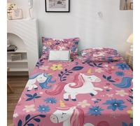 Drap Housse 160 x 200 Licorne Floral, Housse de Matelas 160x200 Enfant Fille Dessin Animé Motifs, Draps Housses Microfibre Bonnet 35 cm pour Matelas Epais avec 2 Taies D'Oreillers 50x75cm N&-n27