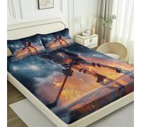 Drap Housse 160 x 220 cm, Antidérapant Doux Microfibre Sports Hockey sur Glace Feu Imprimé Bleu Orange Protege Matelas Drap-Housse avec Bords élastiqués - Literie pour Filles et garçons