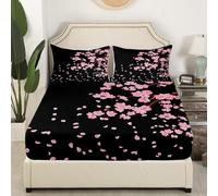 Drap Housse 160x200 / 160x190 Adulte Noir Japonais Microfibre Doux 3D Fleurs de Cerisier Drap-Housse 2 Personnes Grand Bonnet 30 cm pour Matelas Épais avec Élastique Tout Autour