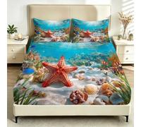 Drap Housse 160x200+30 cmOcéan AnimalDrap de Lit 2 Personne, | Ultra doux Étoile Mer Coquillage Respirant Ensemble de Draps-Housses Parure de Lit Hypoallergénique