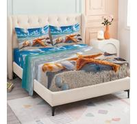 Drap Housse 160x200+30 cmPaysage Marin AnimalDrap de Lit 2 Personne, | Ultra doux Étoile Mer Coquillage Vague Plage Respirant Ensemble de Draps-Housses Parure de Lit Hypoallergénique