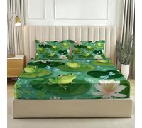 Drap Housse 160x200 cm, avec 2 Taie d'oreiller 65x65 cm - Drap Housse Microfibre Doux à Motifs Mignon Grenouille Libellule, 30CM Grand Bonnet, Vert