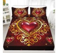 Drap Housse 160x200 cm Coeur d'amour Rouge, 3D Thème Romantique Drap-Housse en Microfibre, Drap Plat 2 Personnes, Drap Housse avec 2 Taie d'oreillers pour Matelas Épais Q/L1883