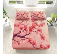 Drap Housse 160x200 cm Parure de Lit en Microfibre BrosséE Douce Cerisier En Fleurs Feuilles TombéEs Draps-Housse Poche Profonde 30 cm, Drap-Housse Respirant pour Enfants, Adolescents et Adultes