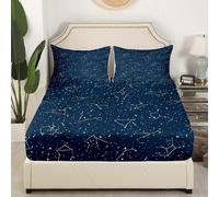 Drap Housse 160x200 Constellation Draps Housse 2 Personnes Ciel étoilé Bleu 3D Housse Matelas Grand Bonnet de 30 cm Drap-Housse Microfibre Doux avec 2 Taies D'oreillers A5920