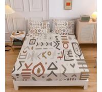 Drap Housse 160x200cm Afrique Géométrie 2, Personnes, Motif Symboles Abstraits, Parure de Lit Microfibre Doux, Bonnet 30 cm, Beige Drap Housse + 2 Taie d'oreiller 65x65 cm
