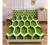 Drap Housse 160X200Cm Bonnet 30 Cm - Nid d'abeille Simple Bloc De Couleurs Géométrique De Lit 2 Personnes Doux Confortable en Microfibre - Lot De 1 Draps Housses Vert Sauge avec 2 Taie d'oreiller