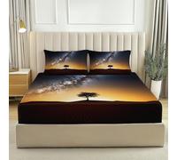 Drap Housse 180 x 200Motif impriméRebord Élastique Ciel étoilé du désert, Arbre solitaireMotif impriméRebord Élastique Marron Bleu