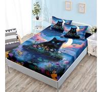 Drap Housse 180x200 Blue Moon Animaux Protege Matelas 180x200 Microfibre Housse de Matelas Lavable Drap House 180 x200 Respirant Parure de Lit Bonnet 30cm Bed Sheets+2 Taies d'oreiller 50x75