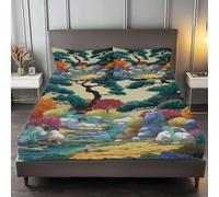 Drap Housse 180x200 Bonsaï Japonais Drap-Housse Jardins Chinois Draps Housse Microfibre avec Grand Bonnet de 30 cm, et 2 Taies d'oreillers, Lot Drap Housses, pour Matelas éPais