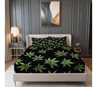 Drap Housse 180x200 cm Feuilles de Cannabis, 3D Mauvaises Herbes Drap-Housse en Microfibre, Drap Plat 2 Personnes avec 2 Taie d'oreillers pour Matelas Épais CL5900
