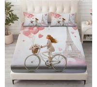 Drap Housse 180x200 cm King Size Tour Eiffel Vélo Blanc avec Taies | Set Literie Grande Largeur Microfibre Ultra Douce, Bonnet 30 cm Extensible Haute Tenue, Déco France, Fond Blanc Délicat