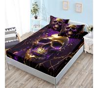 Drap Housse 180X200 Crâne Violet Bedding Drap Housse Coupes De 30 Cm pour Matelas Épais,Réglable en Microfibre Brossé Extra Doux,Résistant, Anti Plis