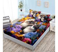 Drap Housse 180x200 Fleur Violette Animaux Protege Matelas 180x200 Microfibre Housse de Matelas Lavable Drap House 180 x200 Respirant Parure de Lit Bonnet 30cm Bed Sheets+2 Taies d'oreiller 50x75