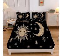 Drap Housse 180x200cm Bonnet 30 cm - Soleil Lune de Dessin animé Ciel étoilé Simple de Lit 3 Personnes Doux Confortable en Microfibre - Lot de 1 Draps Housses Noir Beige avec 2 Taie d'oreiller
