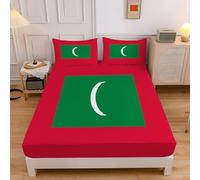 Drap Housse 180X200Cm, Imprimé Drapeau des Maldives Simple Lune Draps Housses en Microfibre, Doux Protege Matelas avec Une Rebord Élastique, Rouge Vert Ajustable Protection Matelas