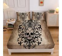 Drap Housse 180x200cm Tribu Totem 2, Personnes, Motif Gothique Crâne Papillon, Parure de Lit Microfibre Doux, Bonnet 30 cm, Beige Drap Housse + 2 Taie d'oreiller 65x65 cm