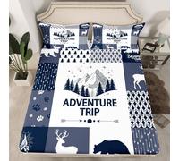 Drap-housse 2 pièces sur le thème de l'aventure, pour enfants, adolescents et adultes, motif animaux sauvages à grille bleue, poche profonde, 1 taie d'oreiller (sans drap plat)