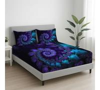 Drap Housse 200 x 200 cm 3 Pièces + 2 Taie d'oreiller 65 x 65 cm Microfibre Brossée Douce, Matelas Épais jusqu'à 30 cm, Respirante, Anti-Froissement, Violet, Mystique Spirale Floral