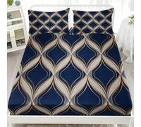 Drap Housse 200x200 cm RéSumé Lignes DéCoratives GéOméTriques Antidérapants Résistant aux Rides Parure de Lit, Bleu 30 cm Drap Housse Matelas Epais Protection de Matelas avec 2 Taie d'oreiller