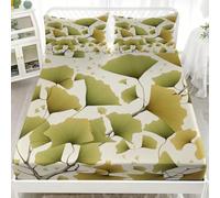 Drap Housse 200x200 cm, Simplicité Art Feuilles de Ginkgo Drap-Housses en Microfibre pour Matelas 30 cm, Drap Housse 2 Personnes Douce et Aux Rides, Vert Housse de Matelas avec 2 Taie d'oreiller