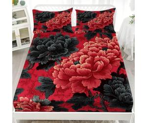 Drap Housse 200x200 Fleurs Drap-Housse ChrysanthèMes Draps Housse Microfibre avec Grand Bonnet de 30 cm, et 2 Taies d'oreillers, Lot Drap Housses, pour Matelas éPais