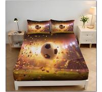 Drap Housse 200x200cm - Sports Thème Microfibre 3D Confettis Lumières Football Imprimé Orange-Jaune Housse de Matelas, 30 cm Épais Protection de Matelas, Antidérapants Résistant Décoloration