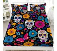 Drap Housse 200x200x30cm en Microfibre Douce, Noir Draps-Housses Poche Profonde 30cm, CrâNe Floral Coloré Parure de Lit 2 Personne Respirant pour Adolescents et Adultes + 2 Taies D'oreillers