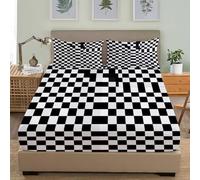 Drap Housse 3 pièces Illusions D'Optique GéOméTriques Housse de Matelas Protège en Microfibre Poche Profonde 30 cm Antidérapants Résistant aux Rides Noir et Blanc Parure de Lit 200x200 cm