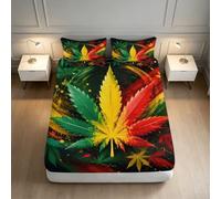 Drap Housse 3D Feuille Rasta déco ado | 200x200x25cmtoucher microfibre doux respirant entretien facile impression vive poche profonde 25cm ajustement matelas coins