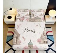 Drap Housse 3D Impression Paris Microfibre Poche Profonde Élastique pour Chambre Couvre Matelas Paris Fitted Cover Lavable 160x200x25cm