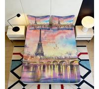 Drap Housse 3D Impression Scène de Paris Microfibre Antidérapant Grand Bonnet Chambre Parure Paris Matelas Fitted Cover Lavable 160x200x25cm